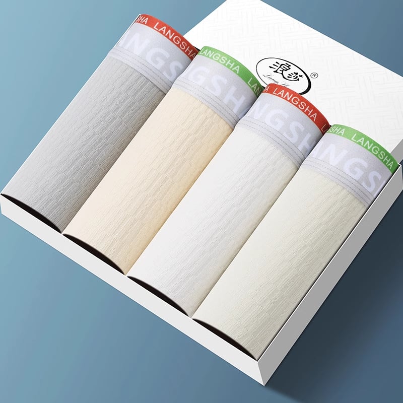 Boxer bărbătești din bumbac respirabil, talie medie, tricotat; țesătură principală: 95–100% bumbac; zona inghinală: viscoză 92%, mătase de dud 4%, spandex 4%