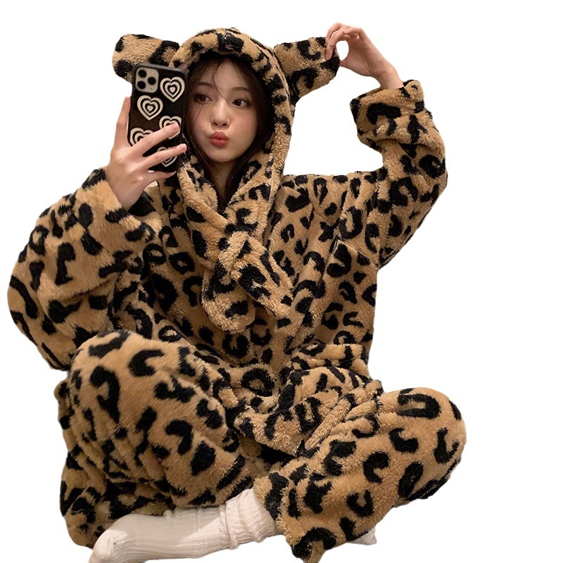 Leopard uzorak od coral fleece kapucnis pidžama dvodijelni set, debeli materijal 251–300 g/m2, dugi rukavi, hlače