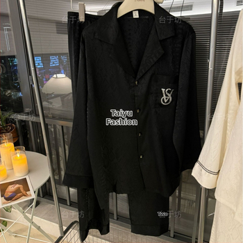 Ice Silk s tamnim uzorkom i kristalima, ženski set s duge ruke i duge hlače, lagani luksuz umjetne svile, viktorijanski stil, za nošenje izvan kuće