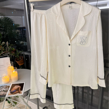 Ice Silk s tamnim uzorkom i kristalima, ženski set s duge ruke i duge hlače, lagani luksuz umjetne svile, viktorijanski stil, za nošenje izvan kuće