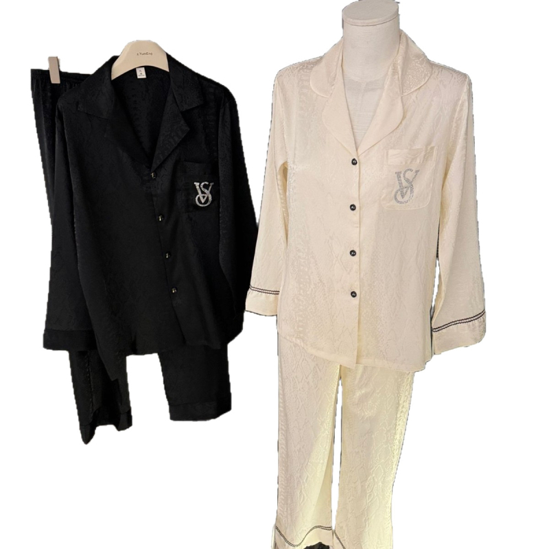 Ice Silk s tamnim uzorkom i kristalima, ženski set s duge ruke i duge hlače, lagani luksuz umjetne svile, viktorijanski stil, za nošenje izvan kuće