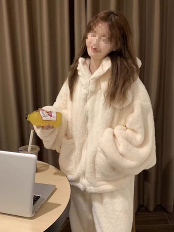 Γυναικείες πιτζάμες με κουκούλα από βελουδο κοραλλί, fleece-lined, φθινοπωρινό–χειμερινό σετ οικιακής ένδυσης, μονόχρωμο, κινεζικό στυλ, 3/4 μανίκια, κύριο ύφασμα PVC 90–95%