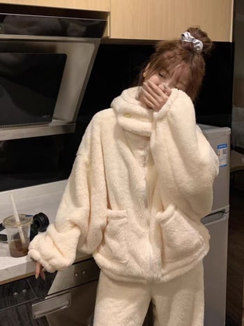 Γυναικείες πιτζάμες με κουκούλα από βελουδο κοραλλί, fleece-lined, φθινοπωρινό–χειμερινό σετ οικιακής ένδυσης, μονόχρωμο, κινεζικό στυλ, 3/4 μανίκια, κύριο ύφασμα PVC 90–95%