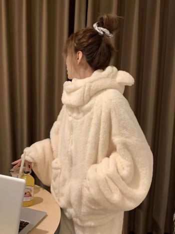 Γυναικείες πιτζάμες με κουκούλα από βελουδο κοραλλί, fleece-lined, φθινοπωρινό–χειμερινό σετ οικιακής ένδυσης, μονόχρωμο, κινεζικό στυλ, 3/4 μανίκια, κύριο ύφασμα PVC 90–95%