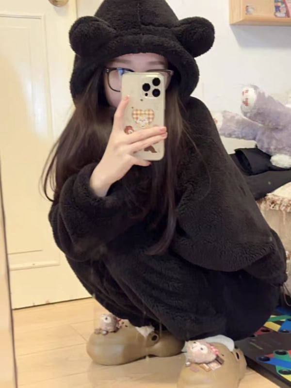 Γυναικείες πιτζάμες με κουκούλα από βελουδο κοραλλί, fleece-lined, φθινοπωρινό–χειμερινό σετ οικιακής ένδυσης, μονόχρωμο, κινεζικό στυλ, 3/4 μανίκια, κύριο ύφασμα PVC 90–95%