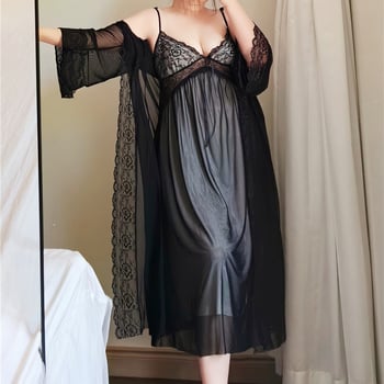 Ženski pidžama set, francuski stil, mrežasta tkanina, poliester, V-dekolte, dugi rukavi, tanke težine 121–140 g/m2, kućna udobnost