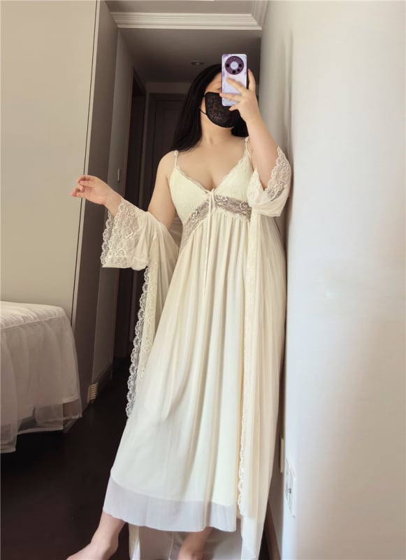 Ženski pidžama set, francuski stil, mrežasta tkanina, poliester, V-dekolte, dugi rukavi, tanke težine 121–140 g/m2, kućna udobnost