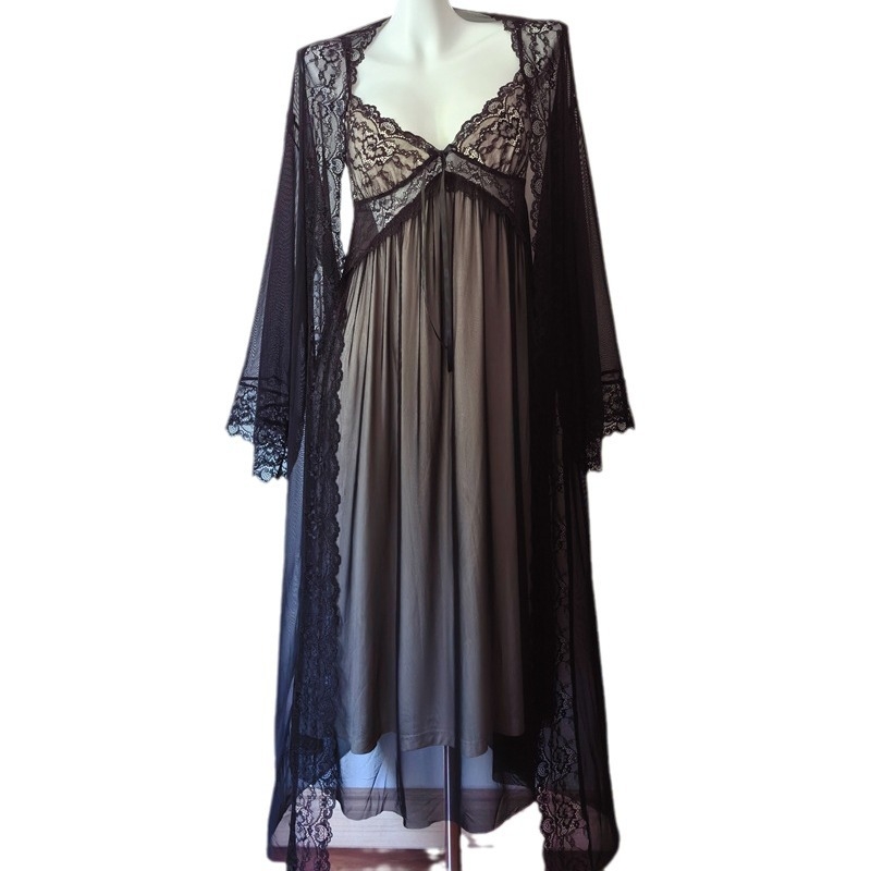 Ženski pidžama set, francuski stil, mrežasta tkanina, poliester, V-dekolte, dugi rukavi, tanke težine 121–140 g/m2, kućna udobnost