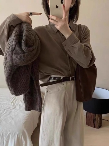 Cămașă din corduroy cu guler rever, mâneci lungi, nasturi simpli, lungime obișnuită