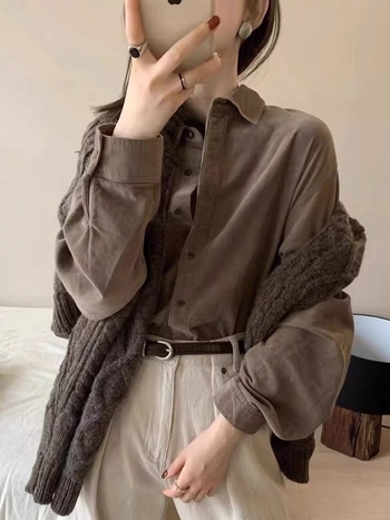 Cămașă din corduroy cu guler rever, mâneci lungi, nasturi simpli, lungime obișnuită