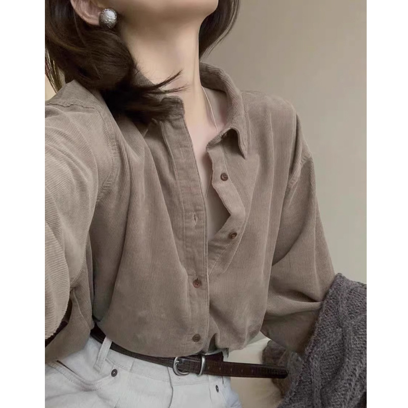 Cămașă din corduroy cu guler rever, mâneci lungi, nasturi simpli, lungime obișnuită