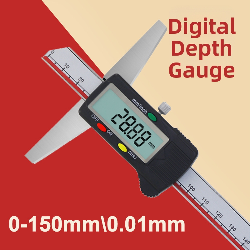 Skaitmeninis gylio matuoklis su skaitmeniniu ekranu, nerūdijantis plienas, 0–150 mm diapazonas, vienu ir dvejais kabliai, aukšta tikslumas