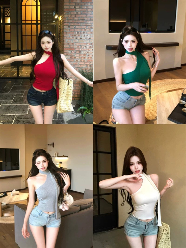 Γυναικείο τοπ-καμισελέ με ακανόνιστο κλίση στους ώμους και λαιμό τύπου halter, χωρίς μανίκια, κοντή γραμμή, ύφασμα βισκόζη-βαμβάκι 90–95%, εκτύπωση κειμένου, Άνοιξη 2025