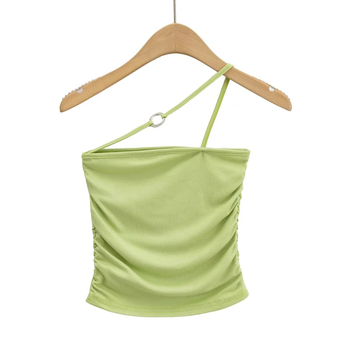 Halter-neck top s jednom remenom, uski kroj, kratka duljina, plisirano, miješavina rayon-spandexa