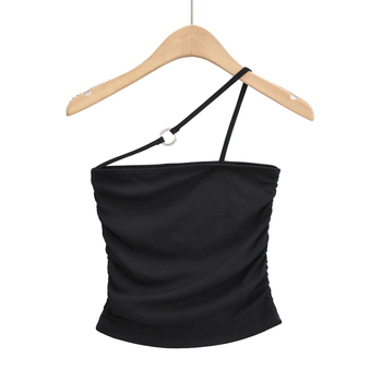 Halter-neck top s jednom remenom, uski kroj, kratka duljina, plisirano, miješavina rayon-spandexa