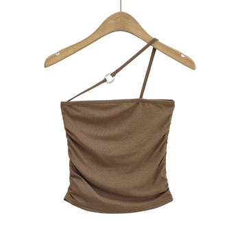 Halter-neck top s jednom remenom, uski kroj, kratka duljina, plisirano, miješavina rayon-spandexa