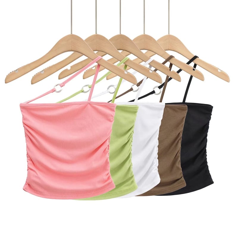 Halter-neck top s jednom remenom, uski kroj, kratka duljina, plisirano, miješavina rayon-spandexa