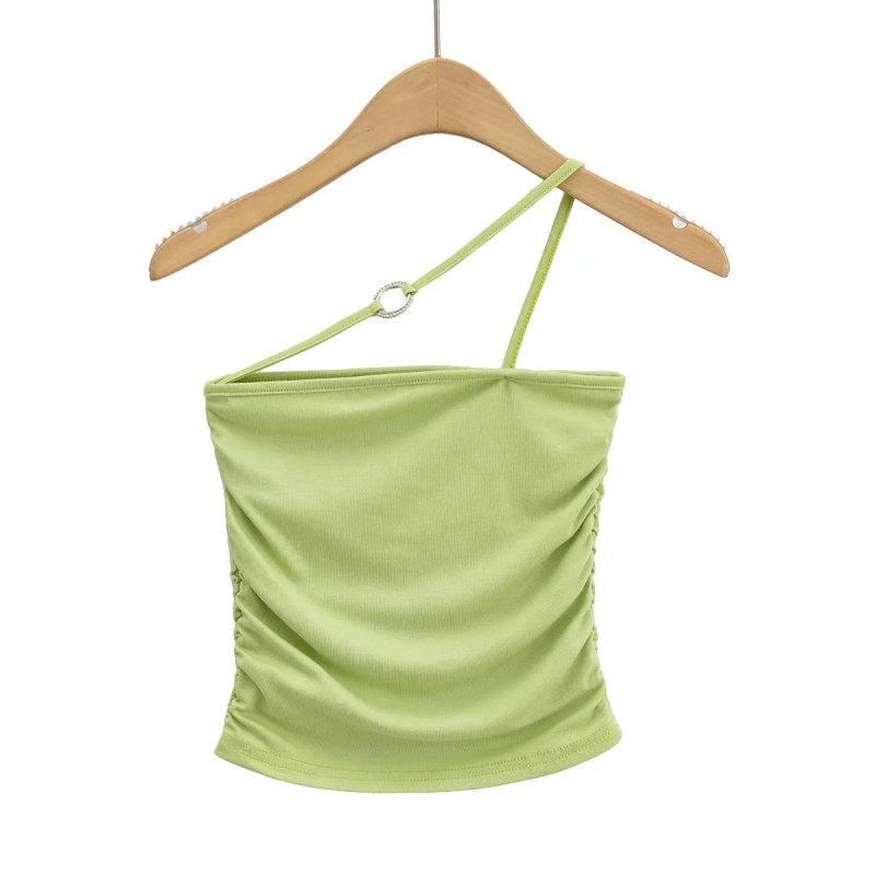 Halter-neck top s jednom remenom, uski kroj, kratka duljina, plisirano, miješavina rayon-spandexa