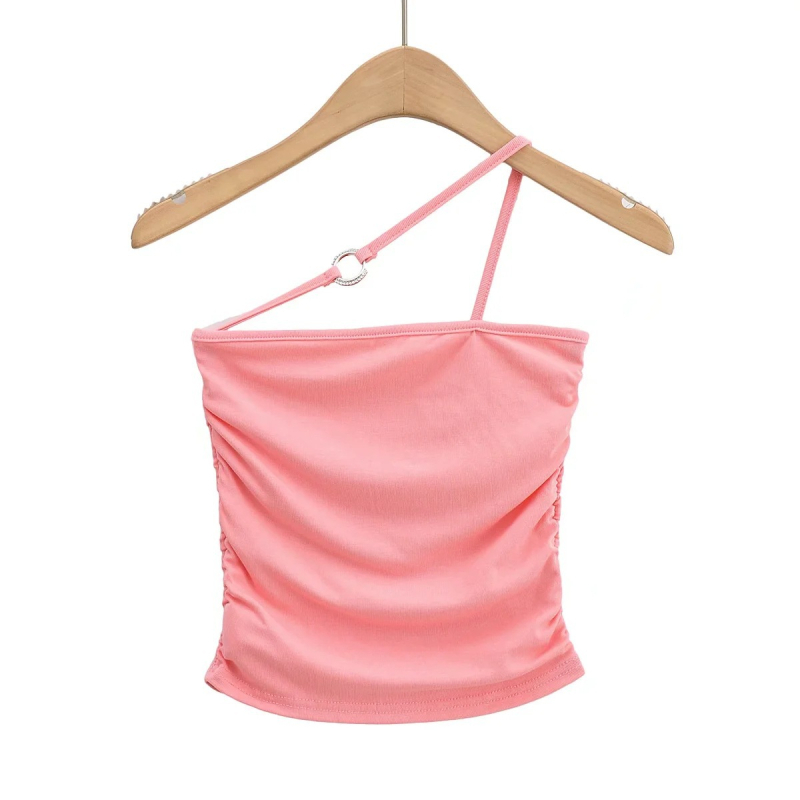 Halter-neck top s jednom remenom, uski kroj, kratka duljina, plisirano, miješavina rayon-spandexa