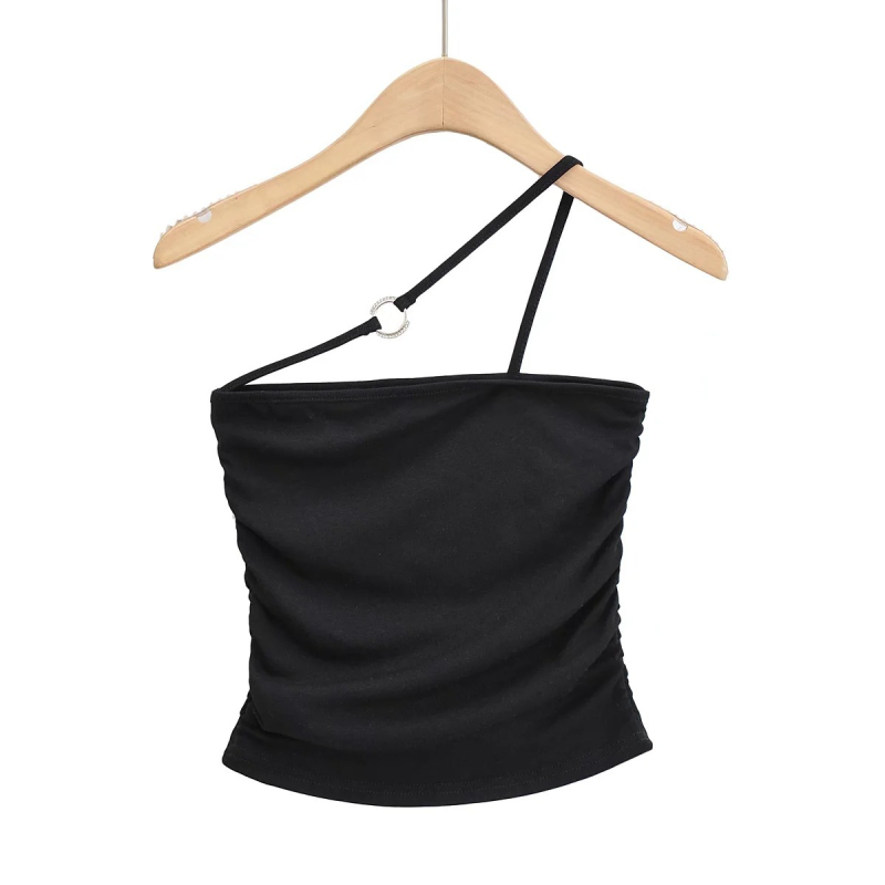Halter-neck top s jednom remenom, uski kroj, kratka duljina, plisirano, miješavina rayon-spandexa