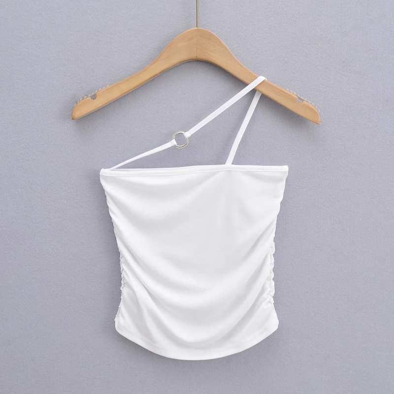 Halter-neck top s jednom remenom, uski kroj, kratka duljina, plisirano, miješavina rayon-spandexa