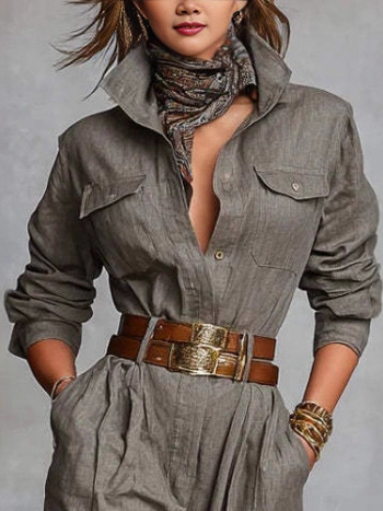 Полиестерен гащеризон с дълги ръкави, яка на риза, джобове, висока талия