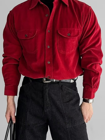 Muška košulja od corduroya, ležerna silueta, dugi rukavi, ovratnik s reverom, dvostruke džepove