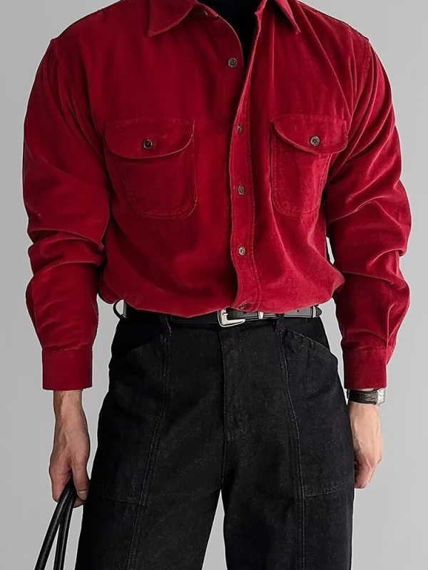 Muška košulja od corduroya, ležerna silueta, dugi rukavi, ovratnik s reverom, dvostruke džepove