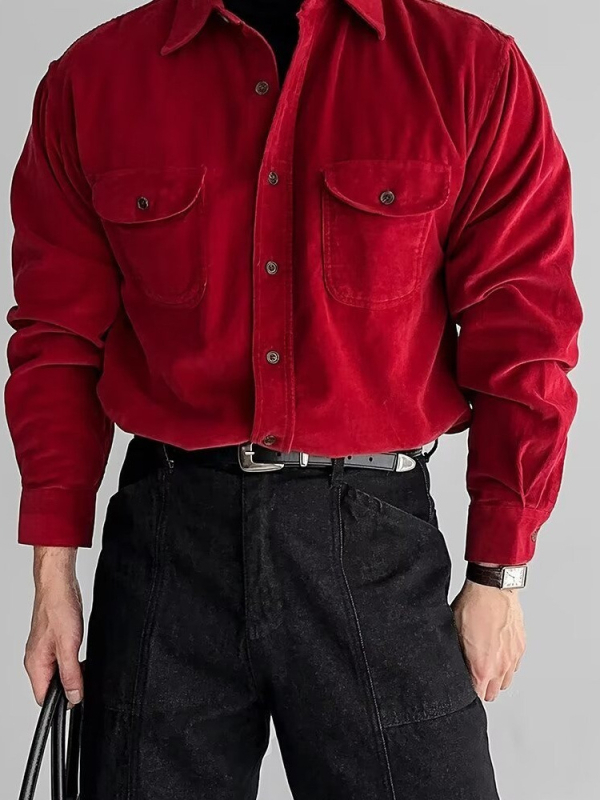 Muška košulja od corduroya, ležerna silueta, dugi rukavi, ovratnik s reverom, dvostruke džepove