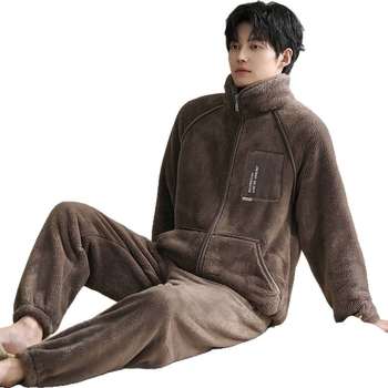 Set pijamale bărbați din fleece coral, cu fermoar, guler înălțat