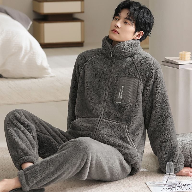 Set pijamale bărbați din fleece coral, cu fermoar, guler înălțat