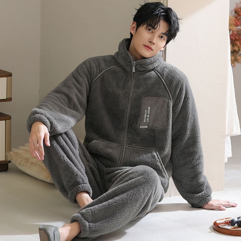 Set pijamale bărbați din fleece coral, cu fermoar, guler înălțat