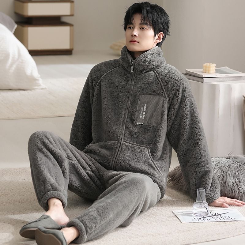 Set pijamale bărbați din fleece coral, cu fermoar, guler înălțat