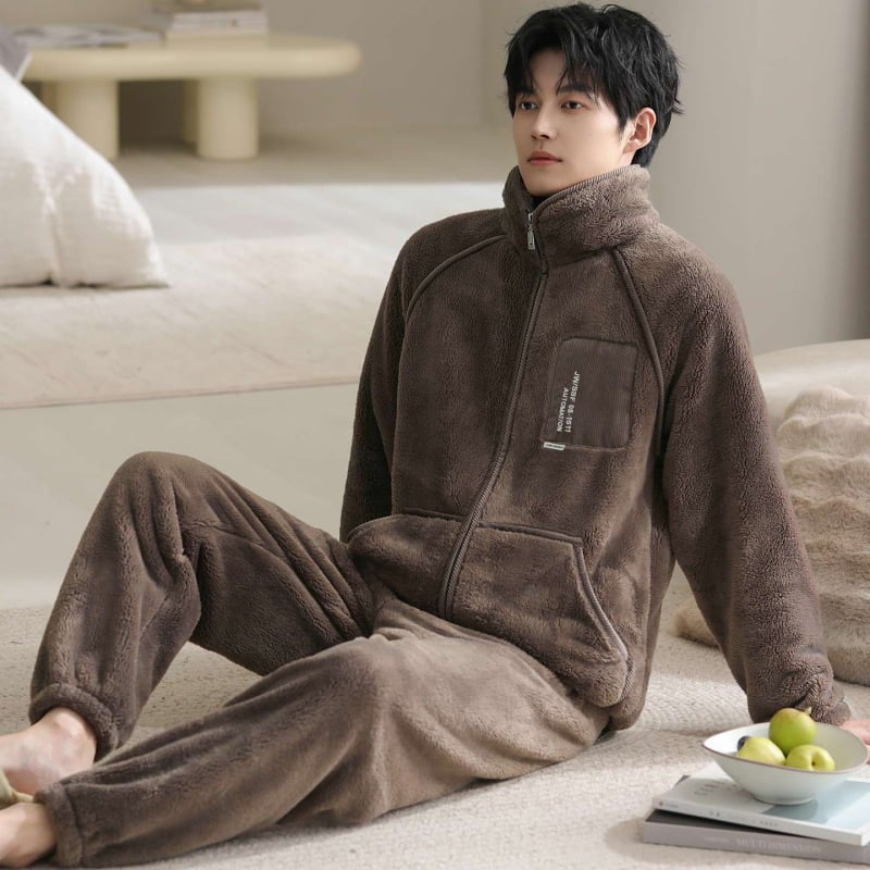 Set pijamale bărbați din fleece coral, cu fermoar, guler înălțat