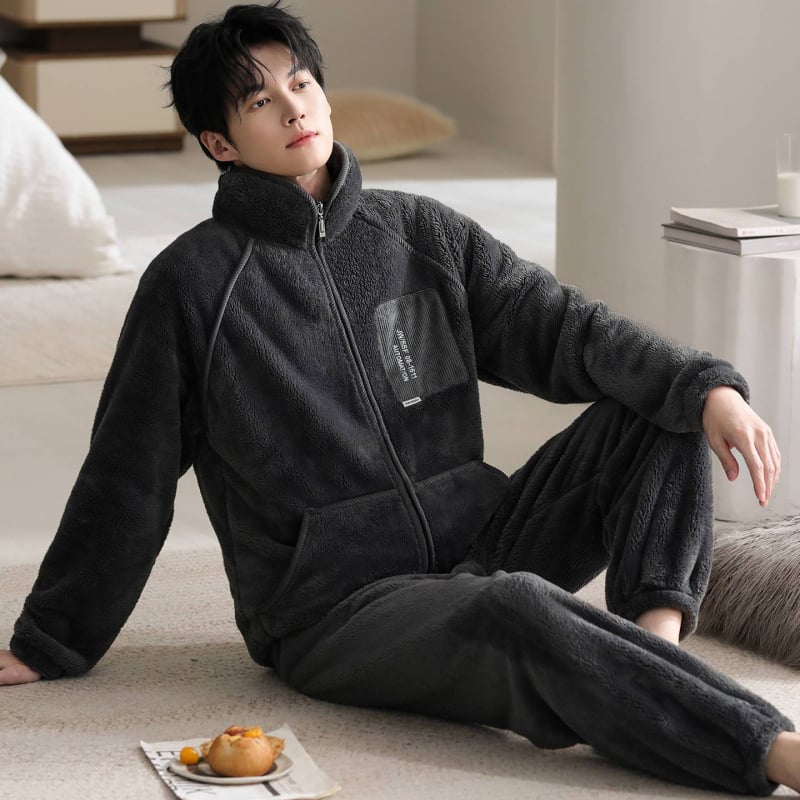 Set pijamale bărbați din fleece coral, cu fermoar, guler înălțat