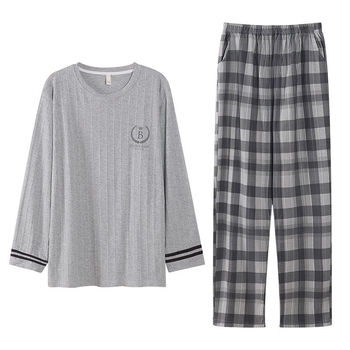 Muški pamuk pijama set – 100% pamuk, pulover s okruglim izrezom, dugi rukavi, hlače, srednje debljine 161–180 g/m², sva godišnja kućna odjeća