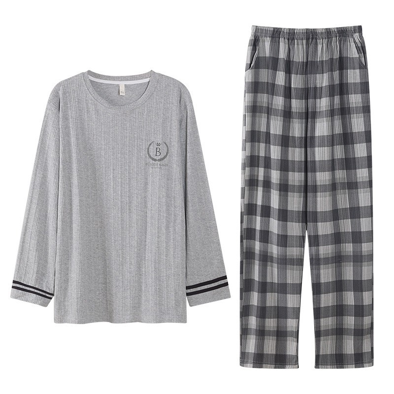 Muški pamuk pijama set – 100% pamuk, pulover s okruglim izrezom, dugi rukavi, hlače, srednje debljine 161–180 g/m², sva godišnja kućna odjeća