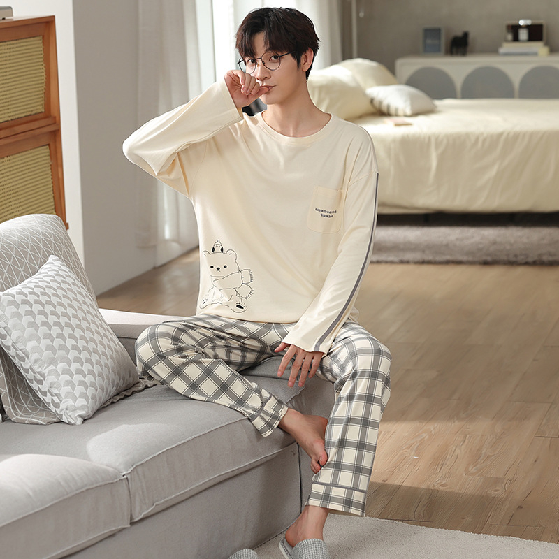 Muški pamuk pijama set – 100% pamuk, pulover s okruglim izrezom, dugi rukavi, hlače, srednje debljine 161–180 g/m², sva godišnja kućna odjeća