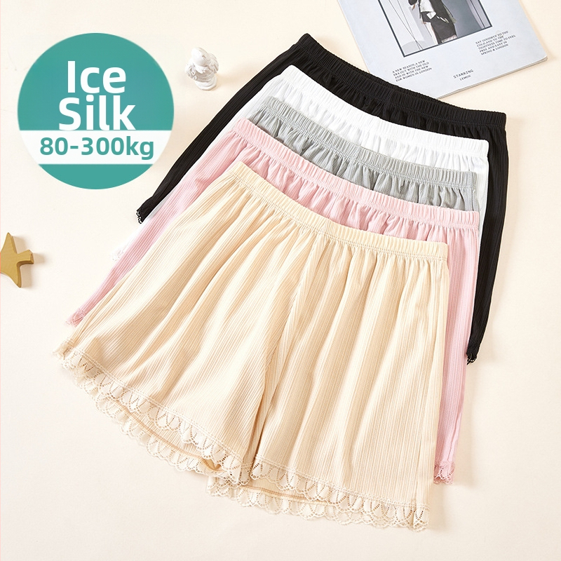 Moterų saugos šortai vasarai, kvėpuojantis Ice Silk audinys su nėrinių kraštu, dryžuotas raštas, vidurio juosmuo, pamušalas Ice Silk