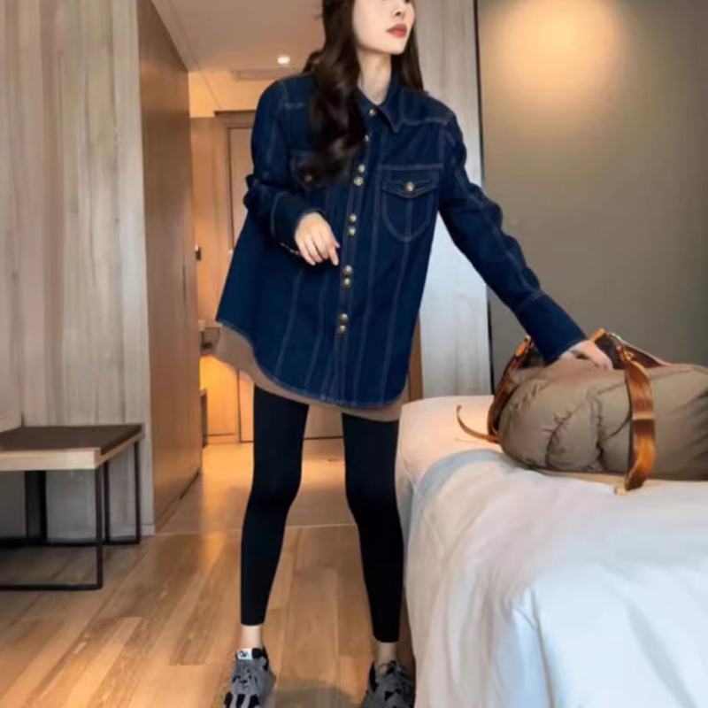 Ženski slojeviti denim košuljno-jakna s mekšim denimom, jedinstven dizajn, korejski stil, opušten kroj za jesen i zimu
