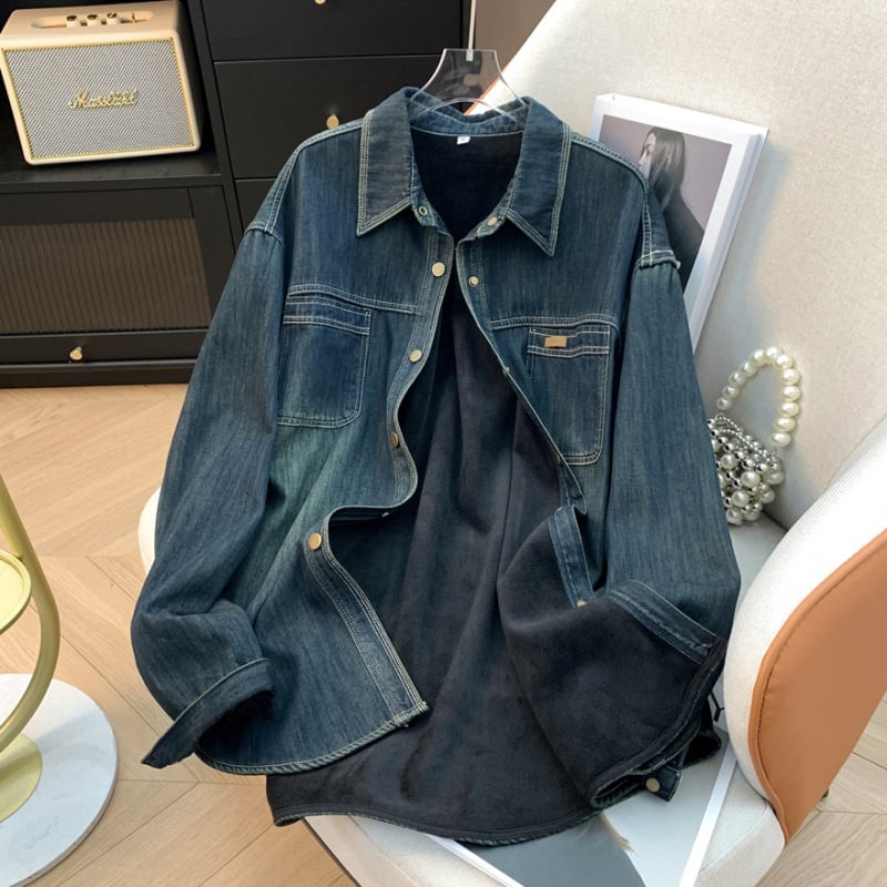 Cămașă din denim cu căptușeală din fleece – stil cardigan, lungime medie