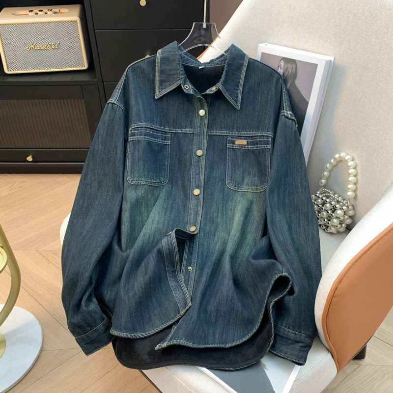 Cămașă din denim cu căptușeală din fleece – stil cardigan, lungime medie