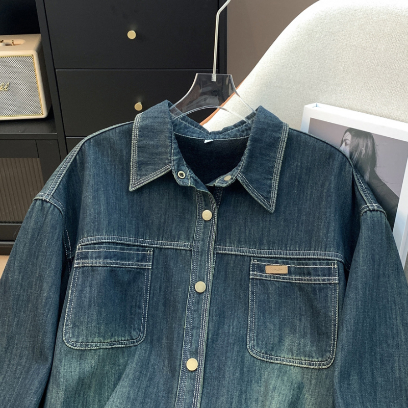 Cămașă din denim cu căptușeală din fleece – stil cardigan, lungime medie