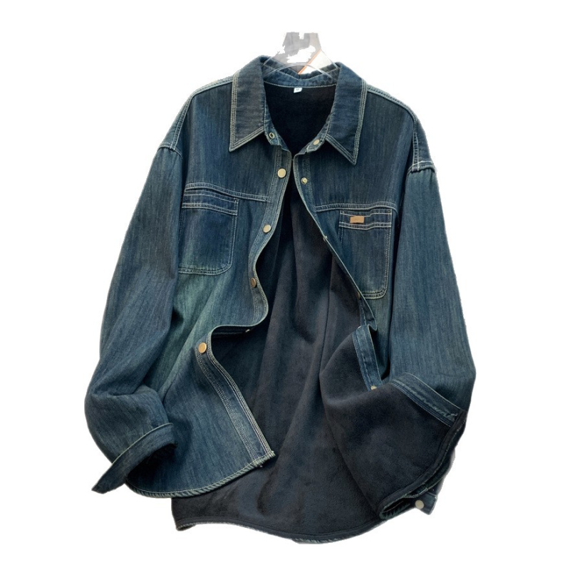 Cămașă din denim cu căptușeală din fleece – stil cardigan, lungime medie
