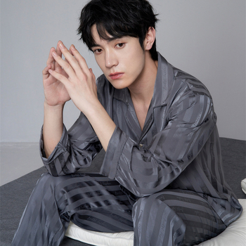 Set de pijamale pentru bărbați Ice Silk: cardigan în dungă cu mâneci lungi și pantaloni, confortabil pentru casă