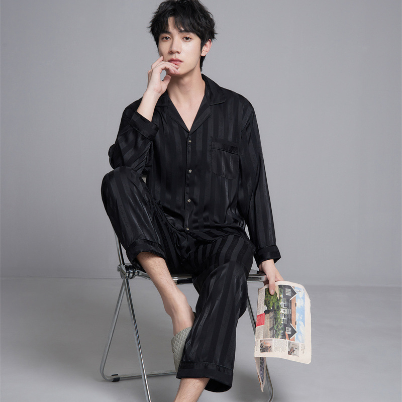 Set de pijamale pentru bărbați Ice Silk: cardigan în dungă cu mâneci lungi și pantaloni, confortabil pentru casă