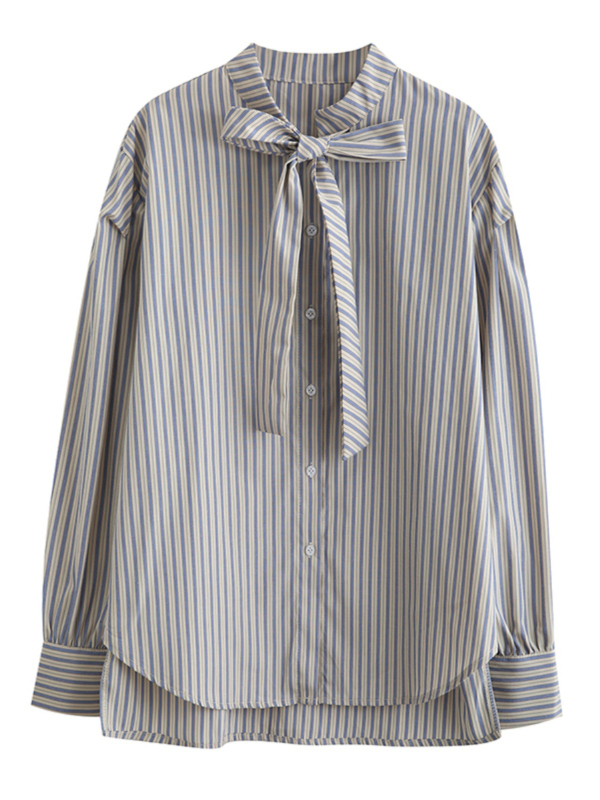 Bluza în dungă cu guler funda, mâneci lungi, croi lejer, lungime obișnuită, stil japonez-coreean de relaxare