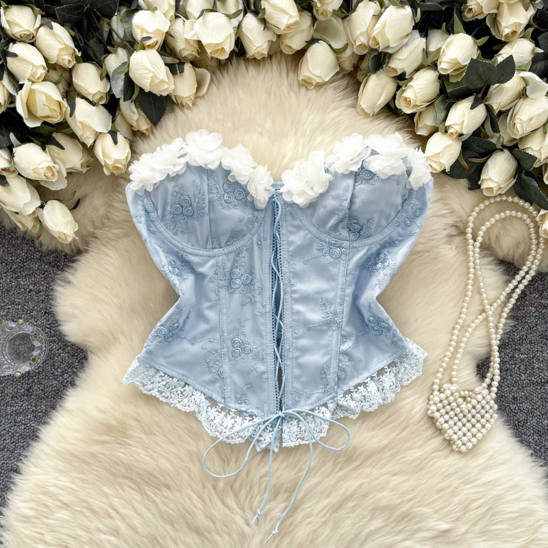 Top fără bretele pentru femei, panouri din dantelă florală 3D, țesătură poliester cu amestec nylon-spandex, croi scurt, stil dulce-picant