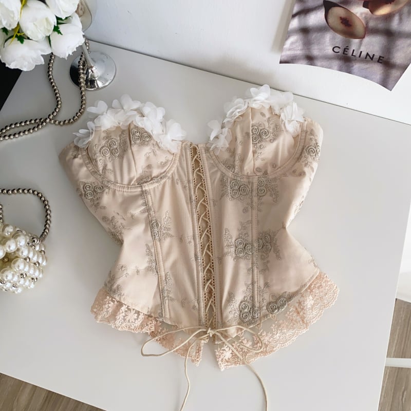 Top fără bretele pentru femei, panouri din dantelă florală 3D, țesătură poliester cu amestec nylon-spandex, croi scurt, stil dulce-picant