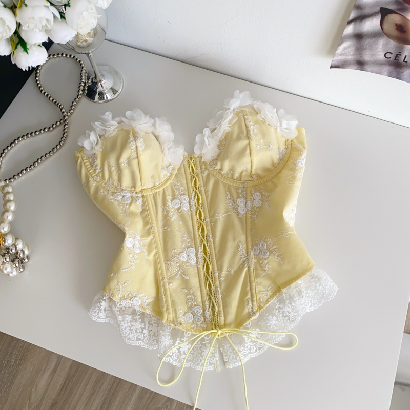 Top fără bretele pentru femei, panouri din dantelă florală 3D, țesătură poliester cu amestec nylon-spandex, croi scurt, stil dulce-picant